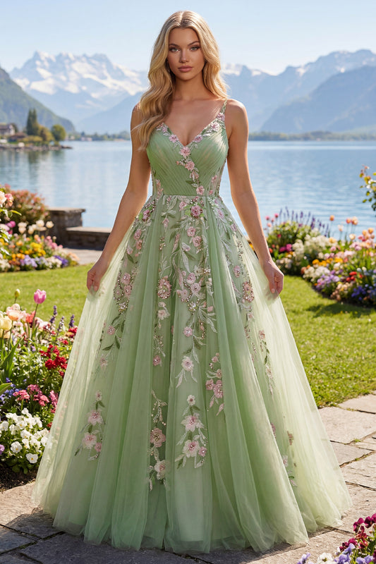 Floral Ruched V-Neck Green Long A Line Prom Dress with Beading