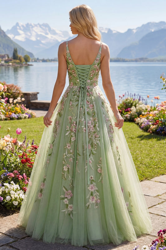 Floral Ruched V-Neck Green Long A Line Prom Dress with Beading