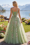Floral Ruched V-Neck Green Long A Line Prom Dress with Beading