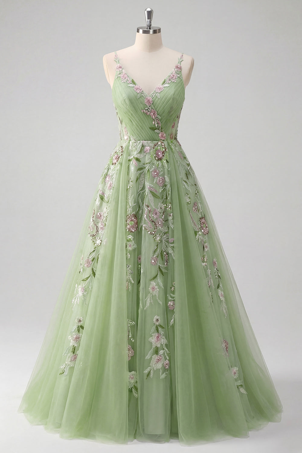 Floral Ruched V-Neck Green Long A Line Prom Dress with Beading