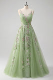 Floral Ruched V-Neck Green Long A Line Prom Dress with Beading