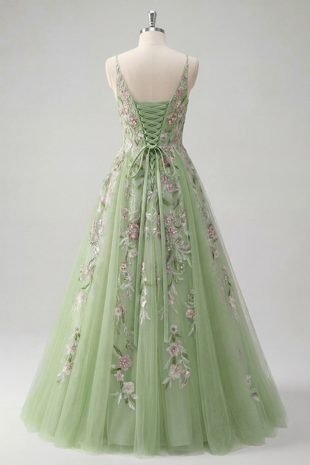 Floral Ruched V-Neck Green Long A Line Prom Dress with Beading