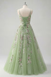 Floral Ruched V-Neck Green Long A Line Prom Dress with Beading