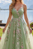 Floral Ruched V-Neck Green Long A Line Prom Dress with Beading
