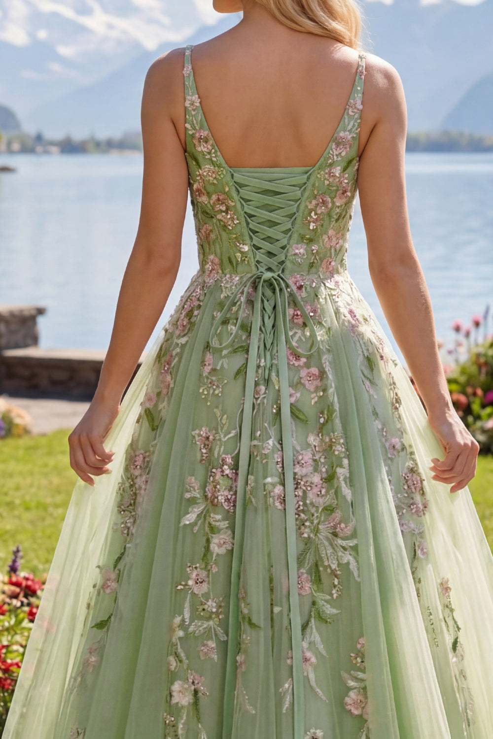 Floral Ruched V-Neck Green Long A Line Prom Dress with Beading