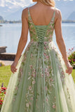 Floral Ruched V-Neck Green Long A Line Prom Dress with Beading
