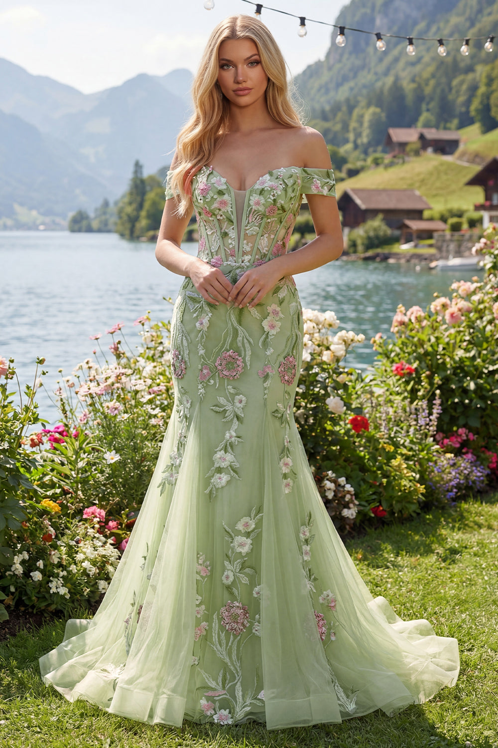 Mermaid Corset Green Long Off the Shoulder Floral Prom Dress