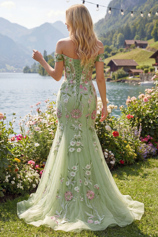 Mermaid Corset Green Long Off the Shoulder Floral Prom Dress