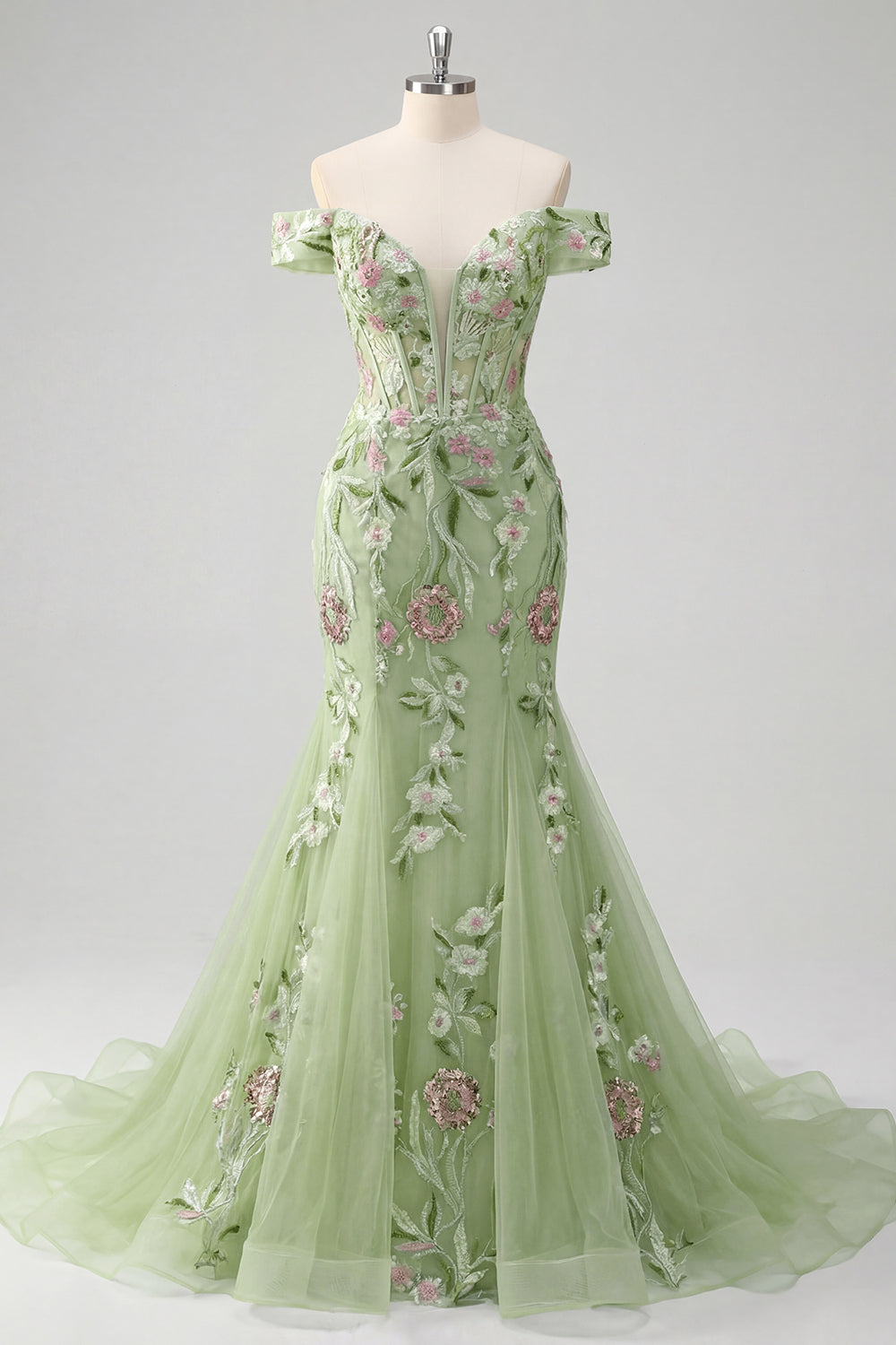 Mermaid Corset Green Long Off the Shoulder Floral Prom Dress