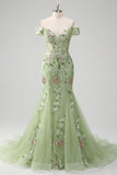 Mermaid Corset Green Long Off the Shoulder Floral Prom Dress