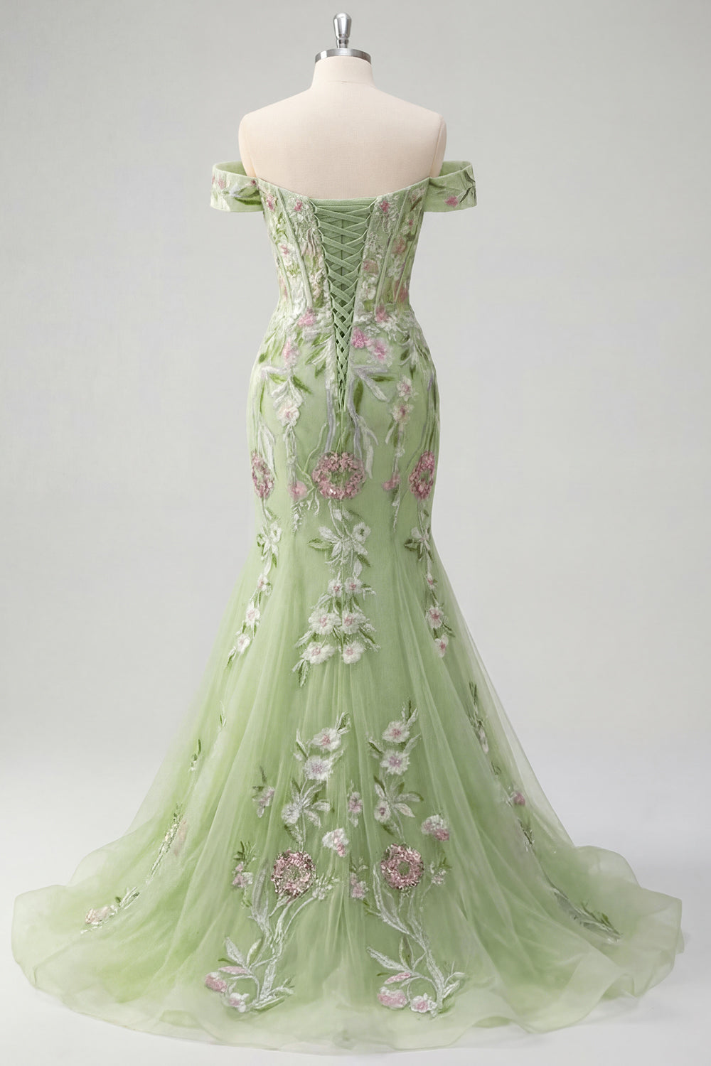 Mermaid Corset Green Long Off the Shoulder Floral Prom Dress