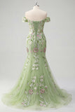 Mermaid Corset Green Long Off the Shoulder Floral Prom Dress