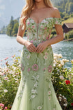 Mermaid Corset Green Long Off the Shoulder Floral Prom Dress