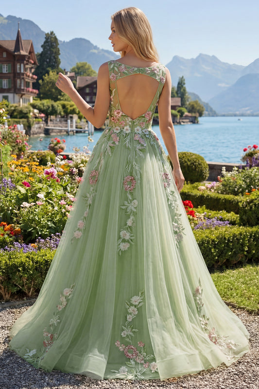 Boat Neck Green Long A Line Floral Prom Dress