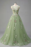 Boat Neck Green Long A Line Floral Prom Dress