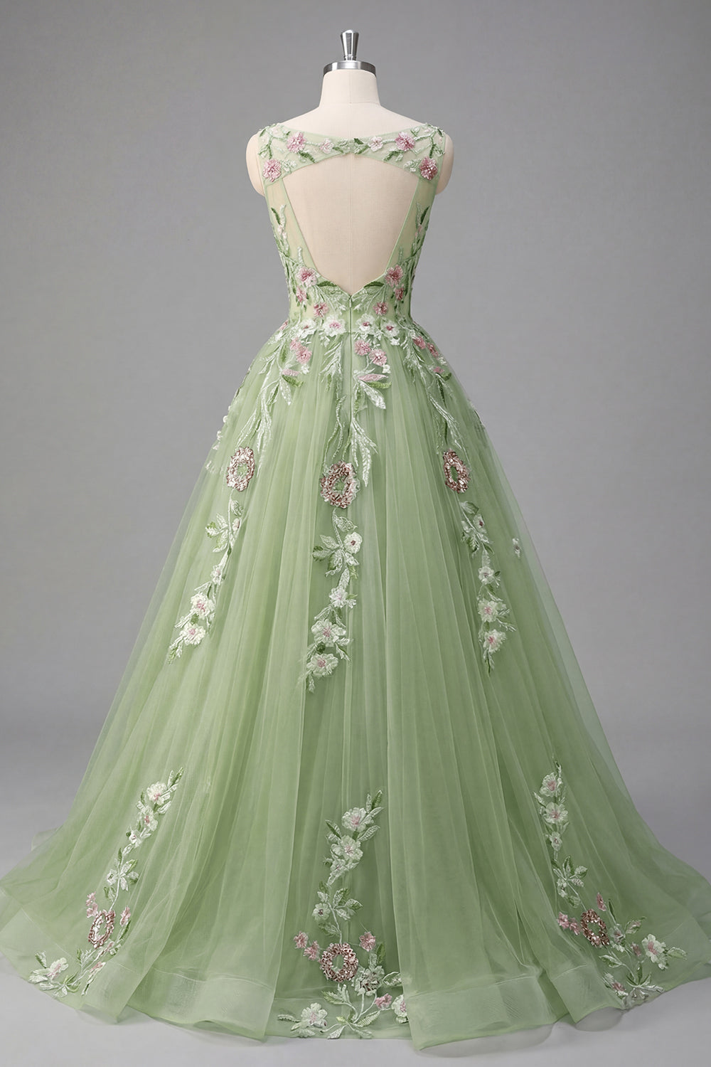 Boat Neck Green Long A Line Floral Prom Dress