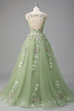Boat Neck Green Long A Line Floral Prom Dress