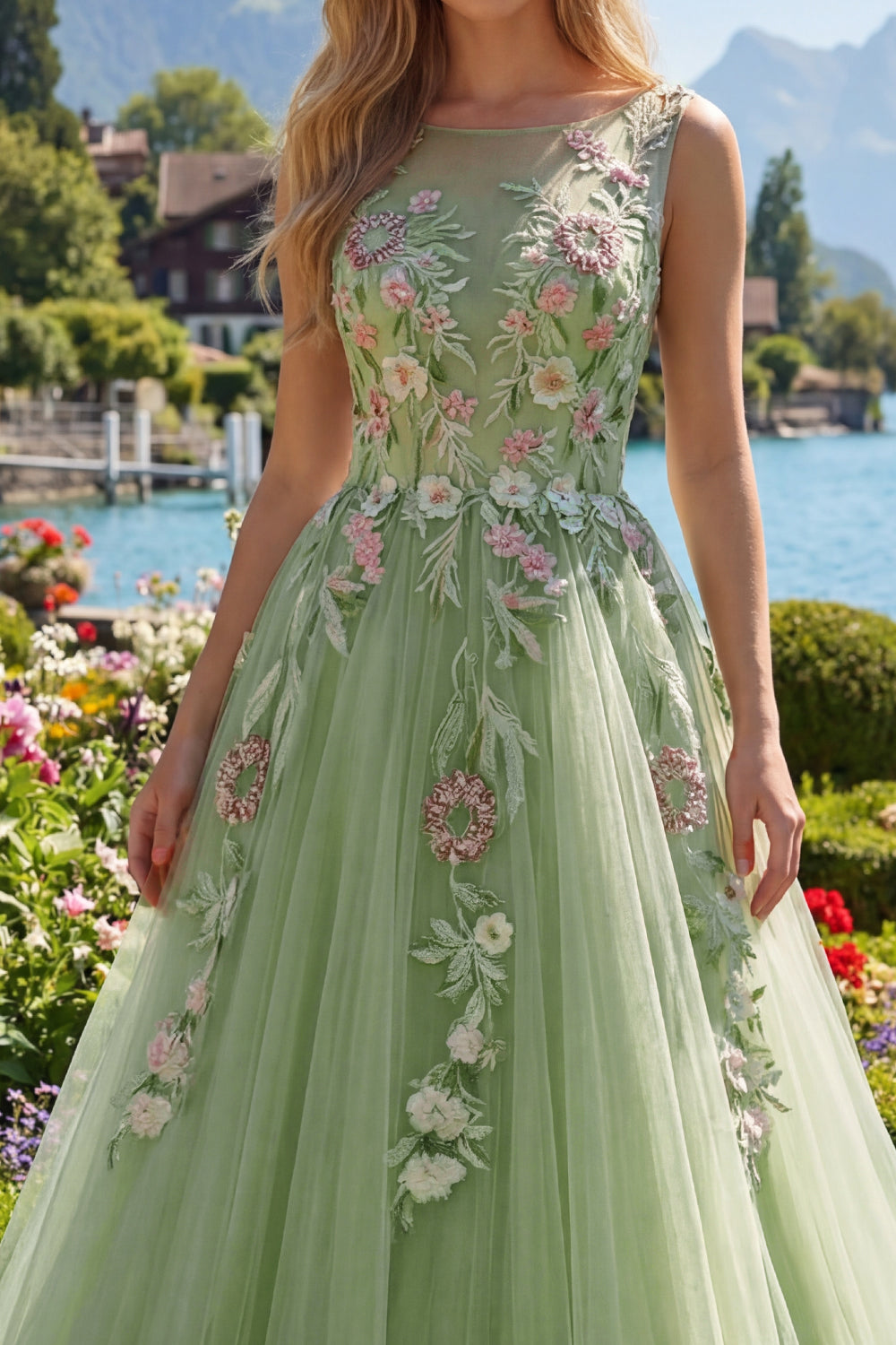 Boat Neck Green Long A Line Floral Prom Dress