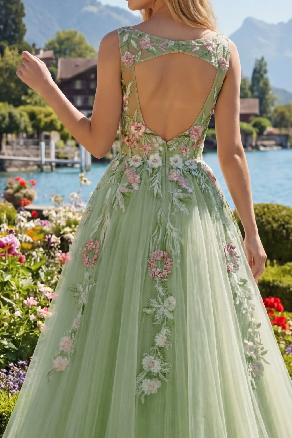Boat Neck Green Long A Line Floral Prom Dress