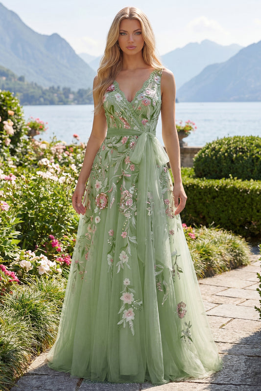 V-Neck Green Long A Line Floral Beaded Prom Dress with Appliques
