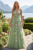 V-Neck Green Long A Line Floral Beaded Prom Dress with Appliques