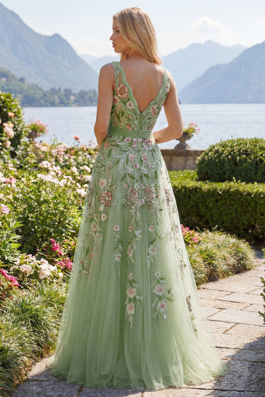 V-Neck Green Long A Line Floral Beaded Prom Dress with Appliques