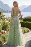 V-Neck Green Long A Line Floral Beaded Prom Dress with Appliques