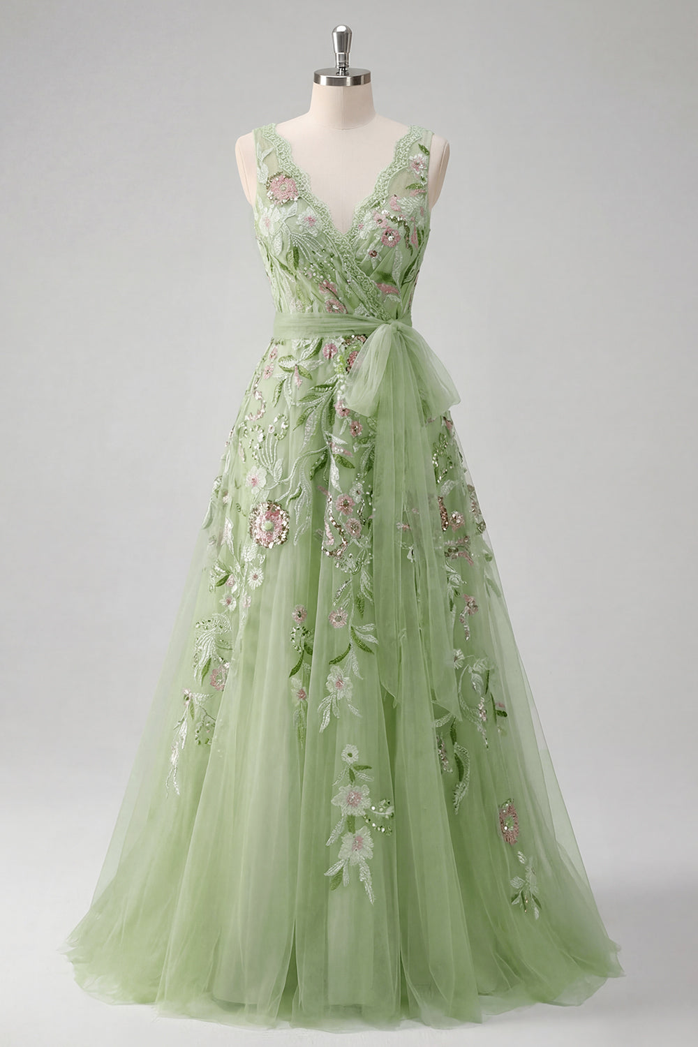 V-Neck Green Long A Line Floral Beaded Prom Dress with Appliques