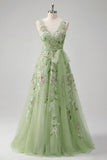 V-Neck Green Long A Line Floral Beaded Prom Dress with Appliques