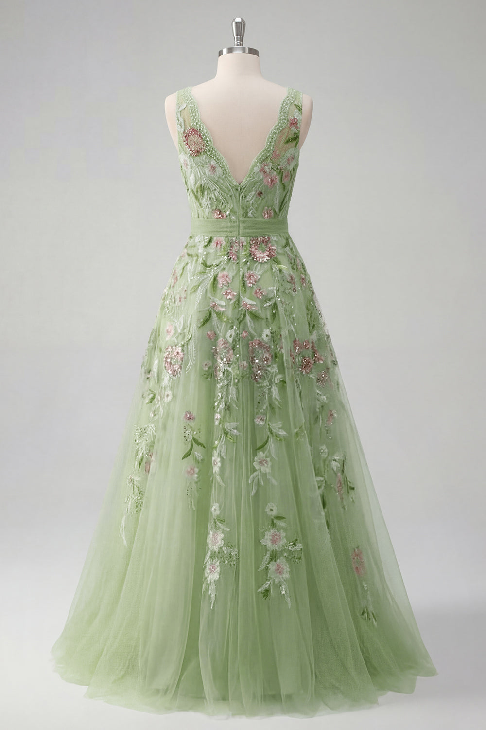 V-Neck Green Long A Line Floral Beaded Prom Dress with Appliques