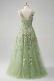 V-Neck Green Long A Line Floral Beaded Prom Dress with Appliques
