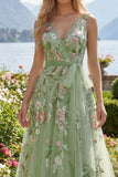 V-Neck Green Long A Line Floral Beaded Prom Dress with Appliques