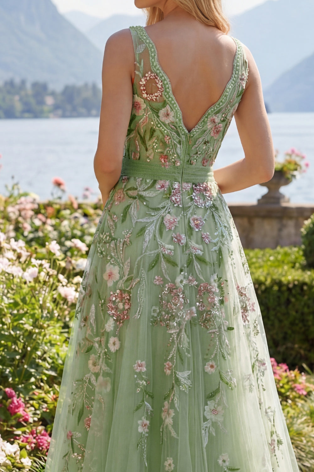 V-Neck Green Long A Line Floral Beaded Prom Dress with Appliques