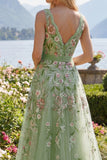 V-Neck Green Long A Line Floral Beaded Prom Dress with Appliques