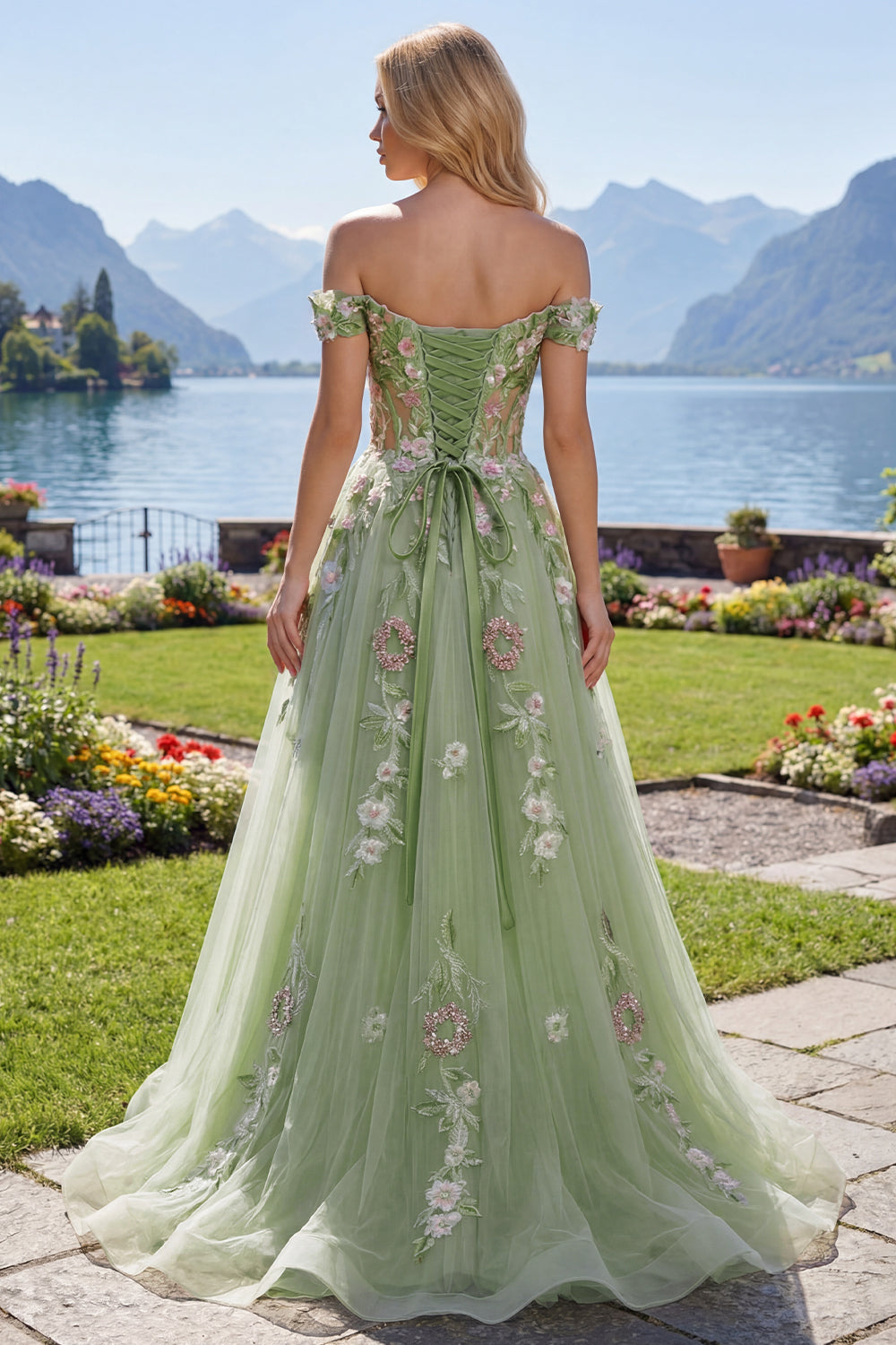 ZAPAKA Women Off The Shoulder Prom Dress Corset A Line Green Appliqued Tulle Long Evening Dress, Green / US16W