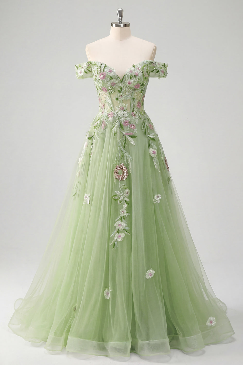 Off the Shoulder Corset Green Long A Line Floral Beaded Prom Dress