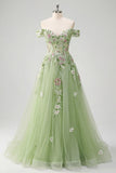 Off the Shoulder Corset Green Long A Line Floral Beaded Prom Dress