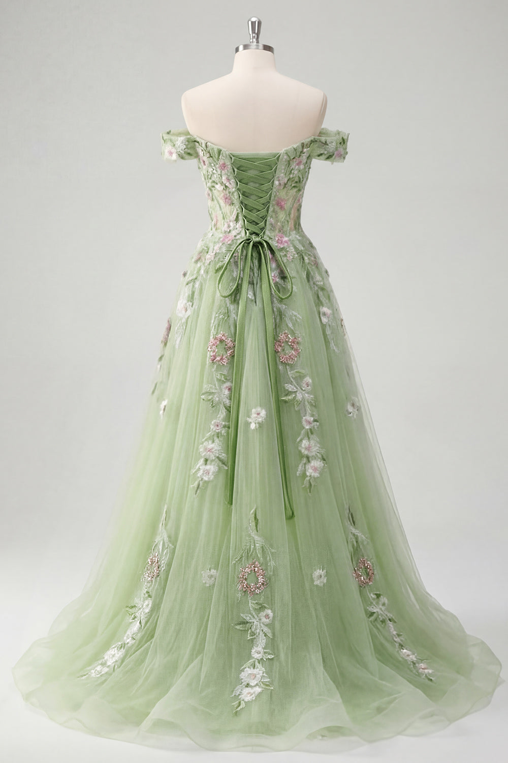 Off the Shoulder Corset Green Long A Line Floral Beaded Prom Dress