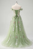 Off the Shoulder Corset Green Long A Line Floral Beaded Prom Dress