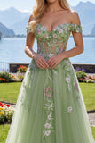 Off the Shoulder Corset Green Long A Line Floral Beaded Prom Dress