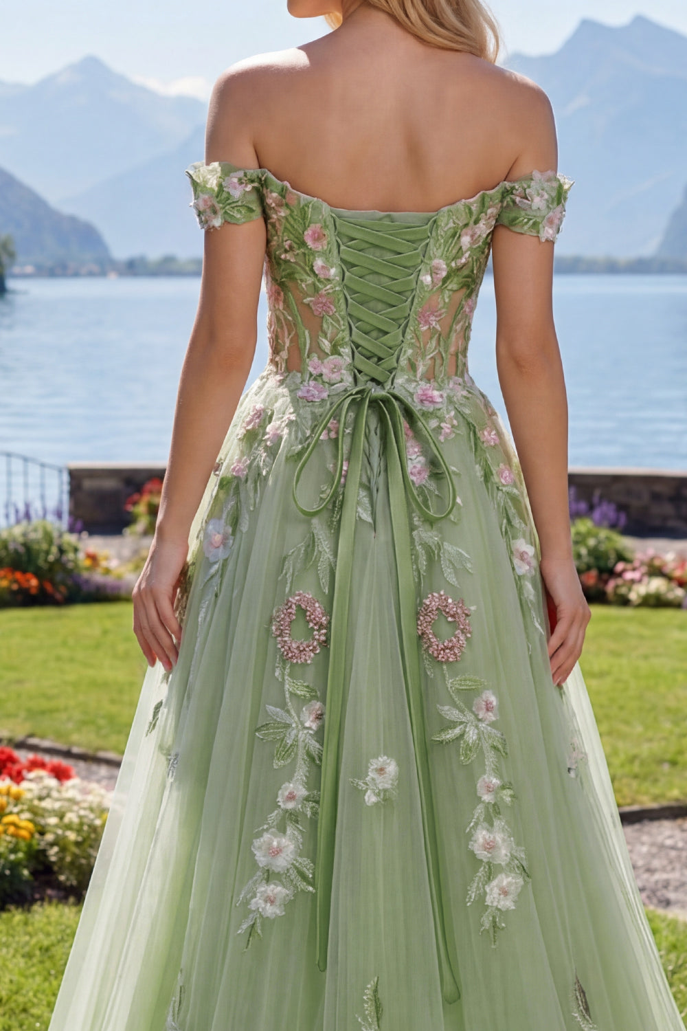 Off the Shoulder Corset Green Long A Line Floral Beaded Prom Dress