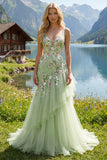Mermaid Corset Green Long V-Neck Ruched Floral Prom Dress with Ruffles