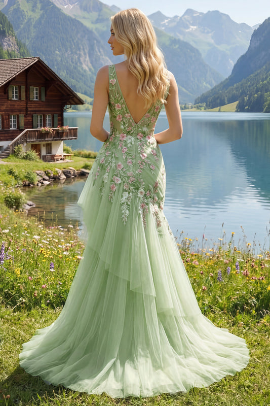 Mermaid Corset Green Long V-Neck Ruched Floral Prom Dress with Ruffles