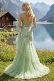 Mermaid Corset Green Long V-Neck Ruched Floral Prom Dress with Ruffles