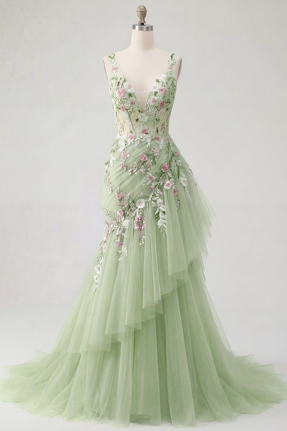 Mermaid Corset Green Long V-Neck Ruched Floral Prom Dress with Ruffles