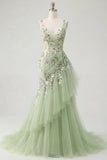 Mermaid Corset Green Long V-Neck Ruched Floral Prom Dress with Ruffles