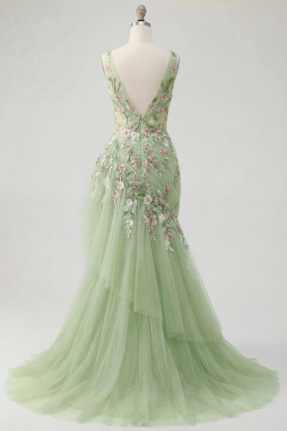 Mermaid Corset Green Long V-Neck Ruched Floral Prom Dress with Ruffles
