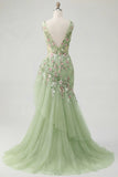 Mermaid Corset Green Long V-Neck Ruched Floral Prom Dress with Ruffles