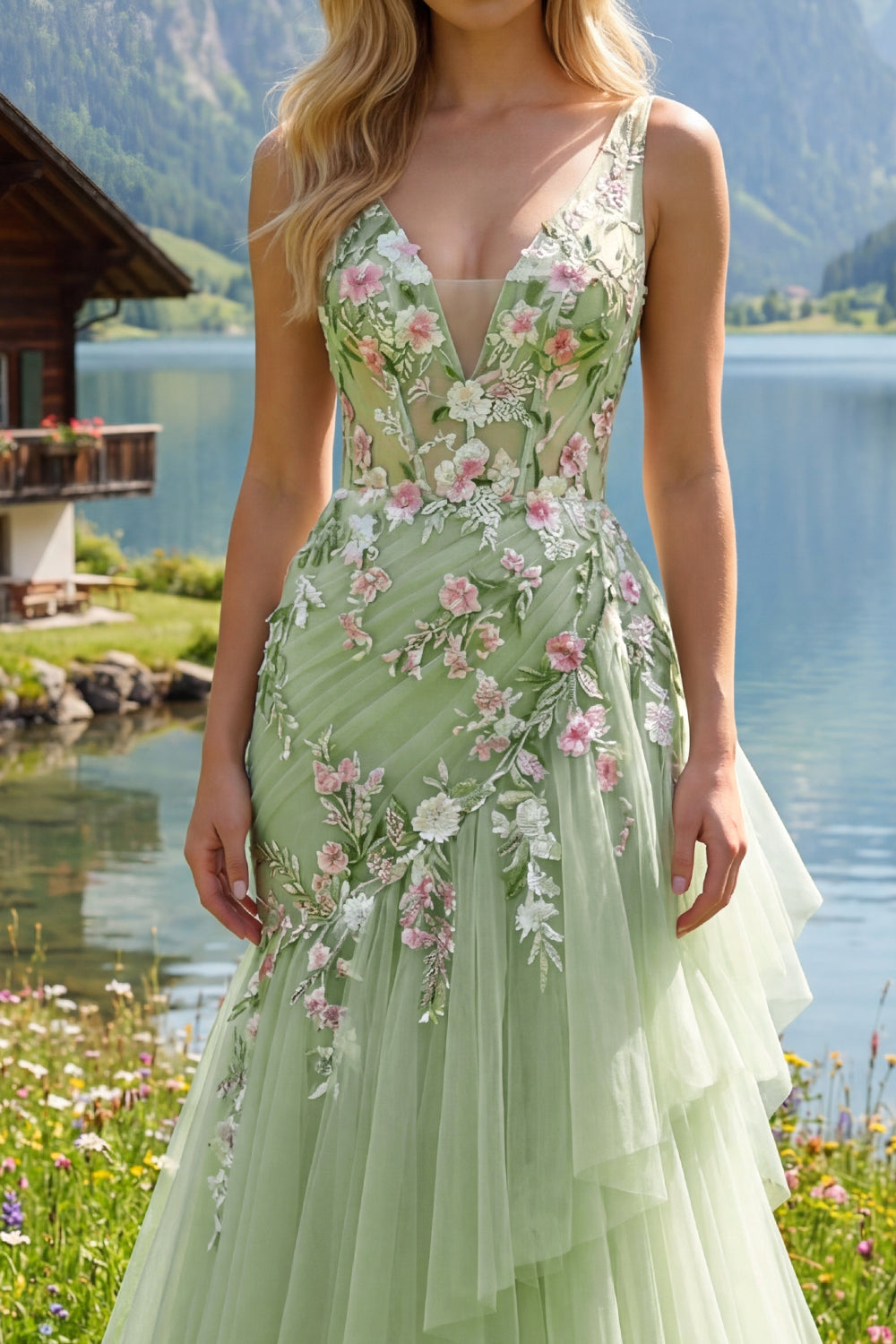 Mermaid Corset Green Long V-Neck Ruched Floral Prom Dress with Ruffles