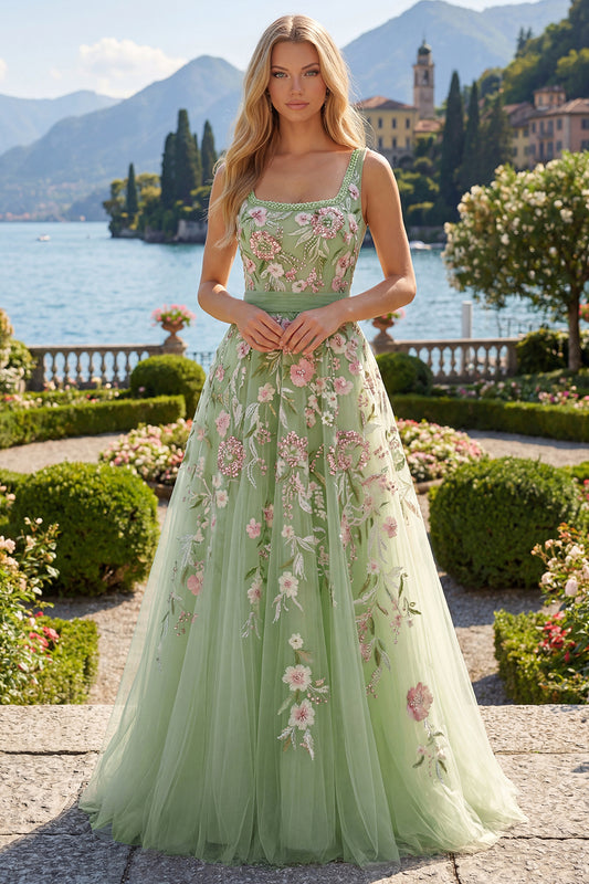 Square Neck Sparkly Green Long A Line Floral Beaded Prom Dress with Bow